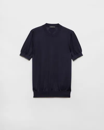 Prada Short-sleeved Cashmere And Silk Sweater In Blue