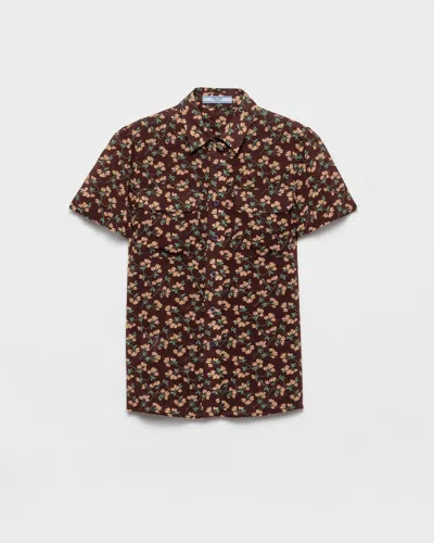 Prada Short-sleeved Floral Print Georgette Shirt In Brown