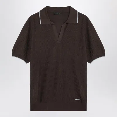Prada Short-sleeved Polo In Brown Silk Blend Men