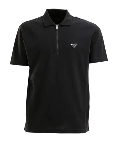 Prada Piquet Polo Shirt Featuring Short Sleeves In Black