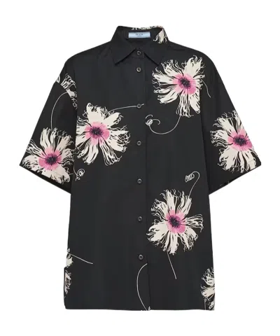 Prada Short-sleeved Printed Poplin Shirt In Lilac