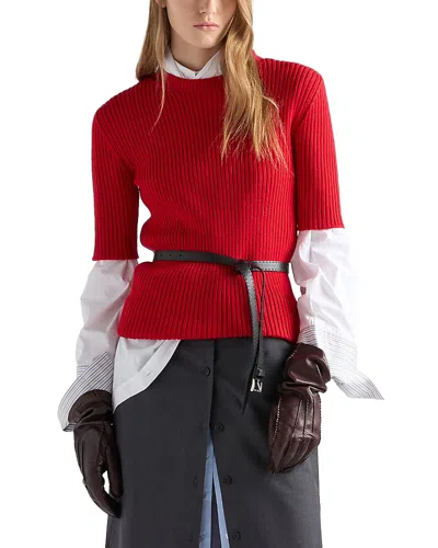 Prada Short Sleeved Ribbed Knit Wool Sweater In Red