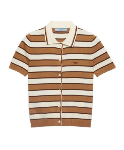 Prada Short-sleeved Striped Cotton Cardigan In Brown