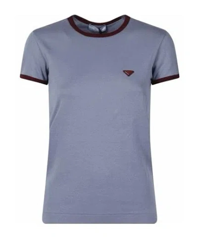 Prada Cotton T Shirt Crew Neck Contrast Trim In Blue
