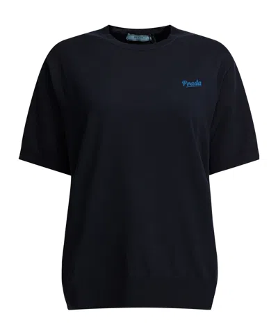 Prada Short Sleeve Crew Neck Sweater With Logo In Blue