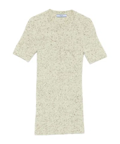 Prada Wool And Linen Short-sleeve Sweater In Neutral