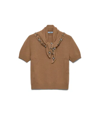 Prada Short-sleeved Cashmere Sweater With Scarf In Brown