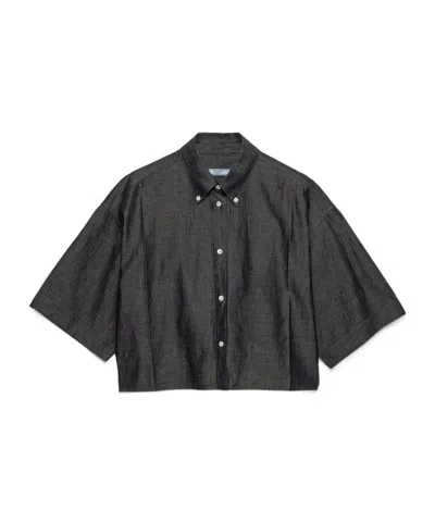 Prada Womens Blue Short-sleeved Flared Chambray Shirt