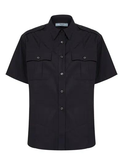 Prada Short-sleeved Cotton Poplin Shirt In Black
