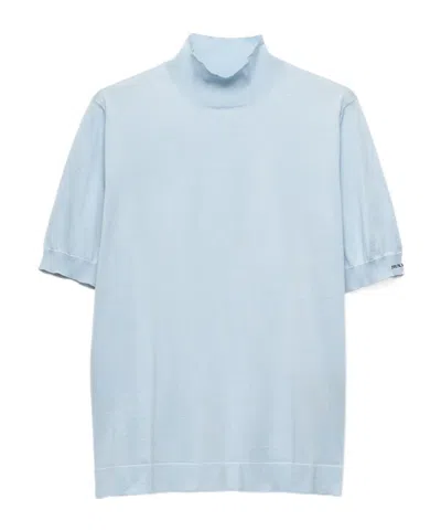 Prada Short-sleeved Cotton Sweater In Blue