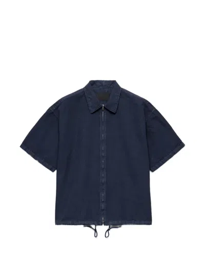 Prada Short-sleeved Cotton Zipper Shirt In Blue