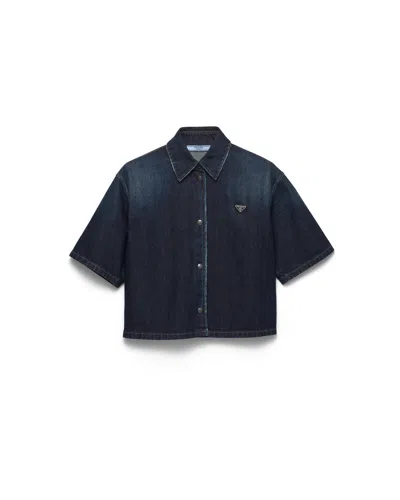 Prada Short-sleeved Denim Shirt In Blue