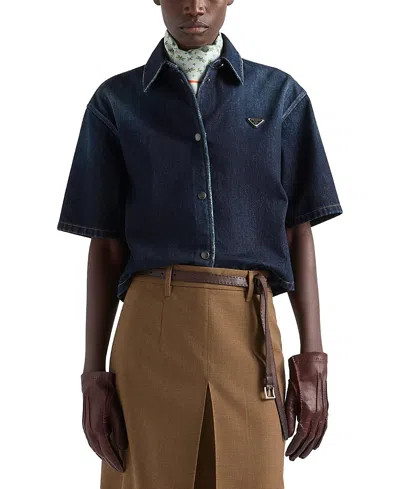 Prada Short-sleeved Denim Shirt In Blue