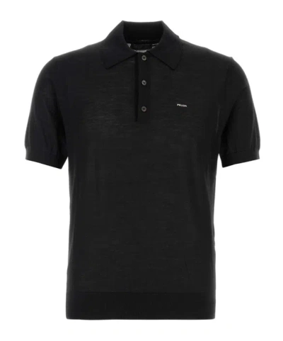 Prada Short-sleeved Knit Polo Shirt In Black
