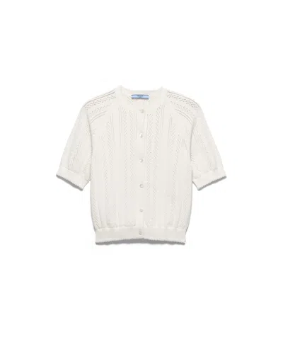 Prada Short-sleeved Openwork Cotton Cardigan In White
