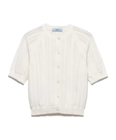 Prada Short-sleeved Openwork Cotton Cardigan In White