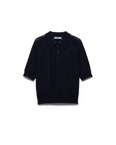 Prada Short-sleeved Openwork Cotton Polo Shirt In Black