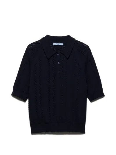 Prada Womens Blue Short-sleeve Openwork-knit Cotton Polo Shirt In Black