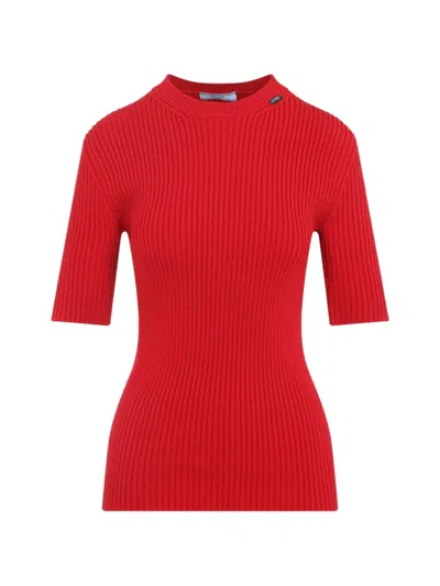 Prada Crew Neck Ribbed Texture Short Sleeve Top In Red