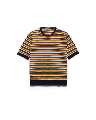 Prada Short-sleeved Striped Cashmere Sweater In Blue