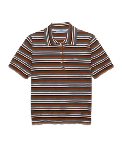 Prada Short-sleeved Striped Cotton Polo Shirt In Brown
