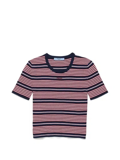 Prada Short-sleeved Striped Cotton Sweater In Blue