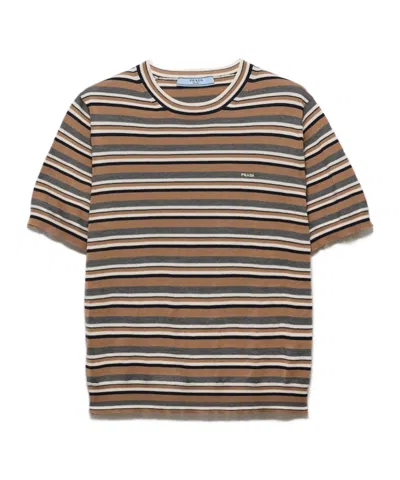 Prada Short-sleeved Striped Jersey T-shirt In Brown