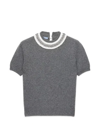 Prada Womens Grey Jewel-embellished Collar Cashmere And Wool Jumper In Gray