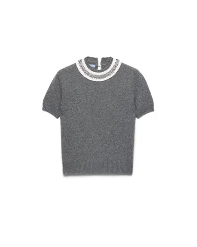 Prada Short-sleeved Wool And Cashmere Sweater In Grey
