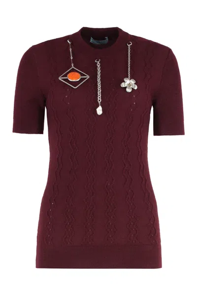 Prada Short-sleeved Wool Shirt With Charms And Metal Pendant Embellishments In Burgundy