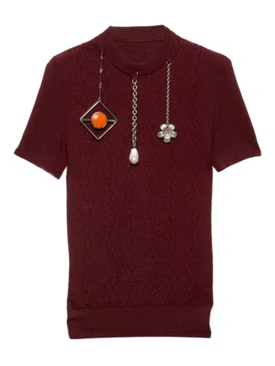 Prada Short-sleeved Wool Sweater With Pendants In Burgundy