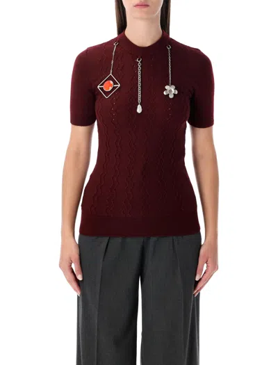 Prada Short-sleeved Wool Sweater With Pendants In Burgundy