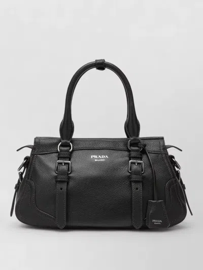 Prada Shoulder Bag Buckle Detail Textured Leather Top Handle In Black