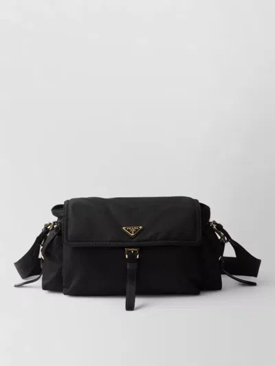 Prada Shoulder Bag Pattina Buckle Strap Pockets In Black