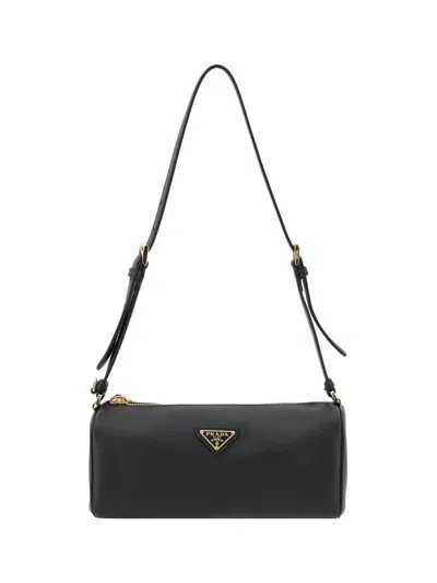 Prada Flat Strap Leather Shoulder Bag Hardware In Black