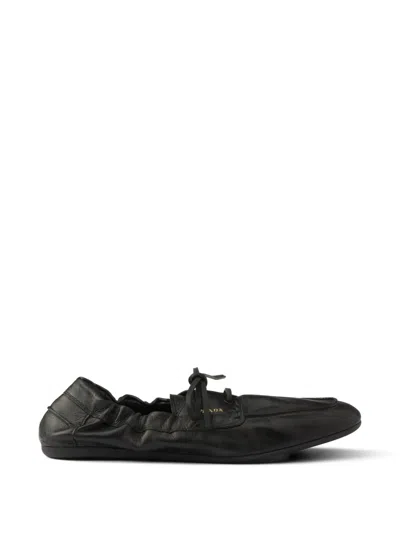 Prada Shuffle Antiqued-leather Boat Shoes In Black