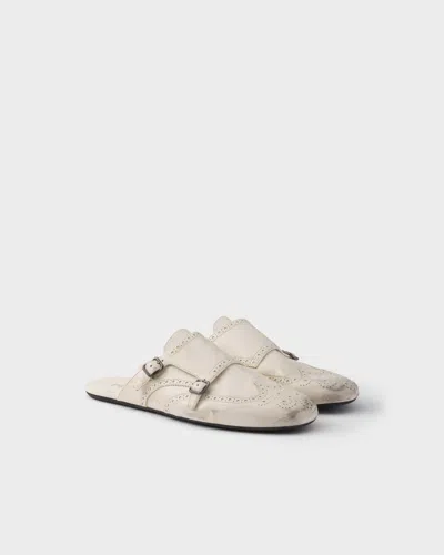 Prada Shuffle Antiqued Leather Double Monk Strap Mules In White
