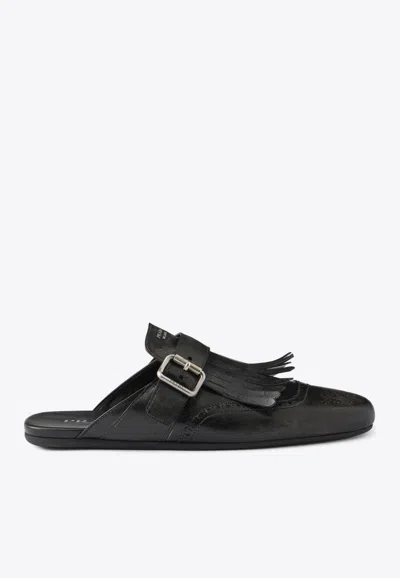 Prada Shuffle Fringed Calf Leather Mules In Black