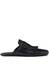 Prada Calf Leather Fringed Monk Strap Mules In Black