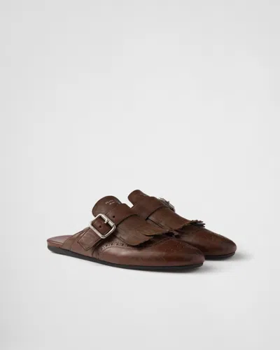 Prada Shuffle Fringed Leather Mules In Brown