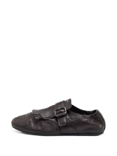 Pre-owned Prada Shuffle Fringed Monk Shoes In 褐色