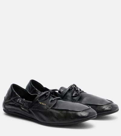 Prada Shuffle Leather Boat Shoes In Black