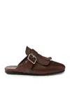 Prada Cognac Leather Shuffle Fringed Mules In Brown