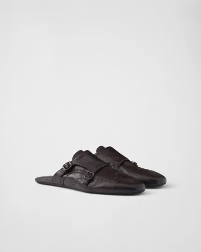 Prada Men's Shuffle Leather Double-monk Strap Mules In Brown
