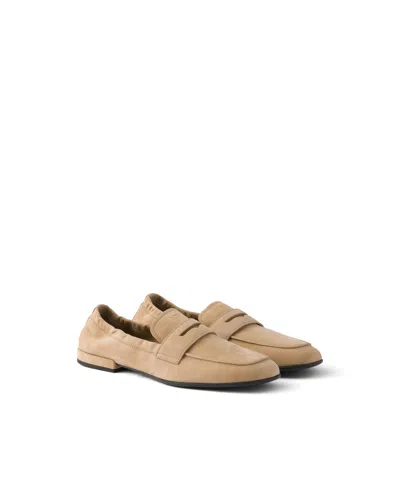 Prada Shuffle Nubuck Leather Penny Loafers In Neutral