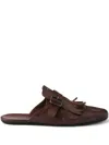 Prada Shuffle Antiqued Leather Mules With Buckled Strap And Fringe In Brown