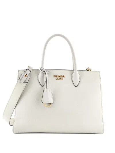 Pre-owned Prada Side Pleat Saffiano Leather Large Tote Bag In White