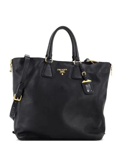 Pre-owned Prada Side Zip Convertible Vitello Daino Large Tote Bag In Black