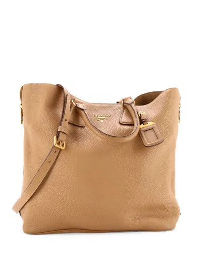 Pre-owned Prada Side Zip Convertible Vitello Daino Large Tote Bag In Neutrals