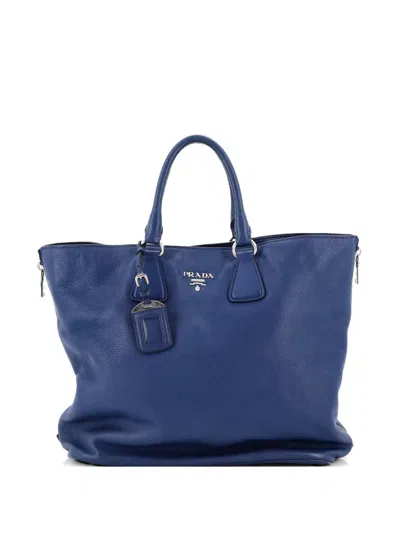 Pre-owned Prada Side Zip Convertible Vitello Daino Medium Tote Bag In Blue